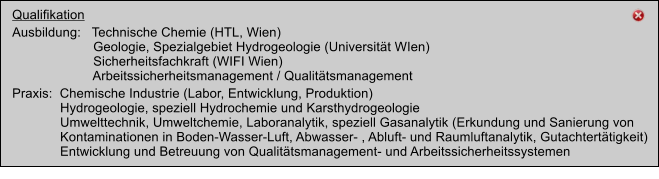 Kooperation mit ESW Consulting Wruss ZT GmbH Akkreditiertes Chemisches Labor Qualifikation Ausbildung:   Technische Chemie (HTL, Wien)	                       Geologie, Spezialgebiet Hydrogeologie (Universitt WIen)                       Sicherheitsfachkraft (WIFI Wien)                       Arbeitssicherheitsmanagement / Qualittsmanagement Praxis:  Chemische Industrie (Labor, Entwicklung, Produktion)              Hydrogeologie, speziell Hydrochemie und Karsthydrogeologie              Umwelttechnik, Umweltchemie, Laboranalytik, speziell Gasanalytik (Erkundung und Sanierung von               Kontaminationen in Boden-Wasser-Luft, Abwasser- , Abluft- und Raumluftanalytik, Gutachterttigkeit)               Entwicklung und Betreuung von Qualittsmanagement- und Arbeitssicherheitssystemen